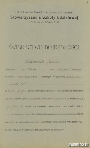 Janina Szenwic's school-leaving certificate (source: Archives of the University of Warsaw, reference number RP 2946)
